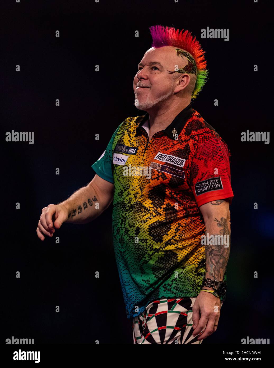 Peter Wright réagit au treize jour du William Hill World Darts Championship à Alexandra Palace, Londres.Date de la photo: Jeudi 30 décembre 2021. Banque D'Images