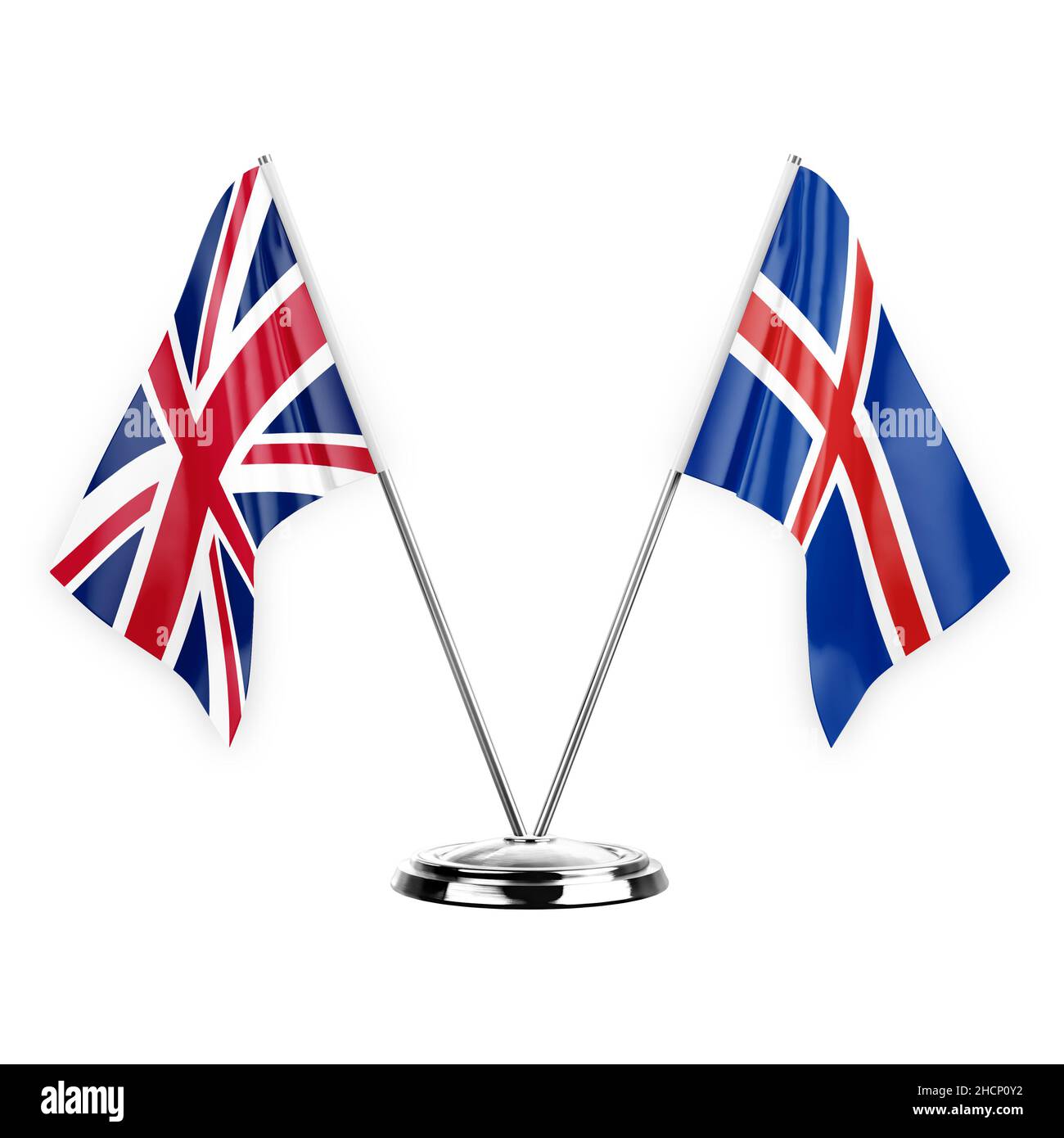 Deux drapeaux de table isolés sur fond blanc 3D illustration, royaume-uni et islande Banque D'Images