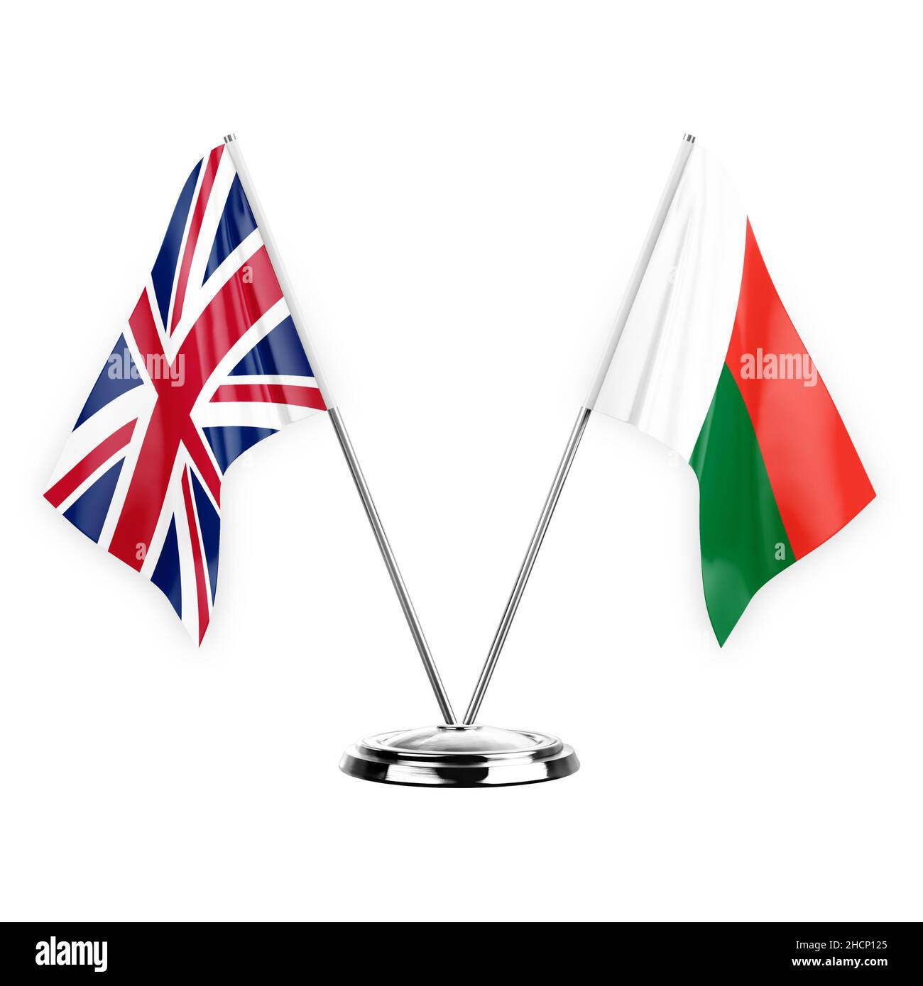 Deux drapeaux de table isolés sur fond blanc 3D illustration, royaume-uni et madagascar Banque D'Images