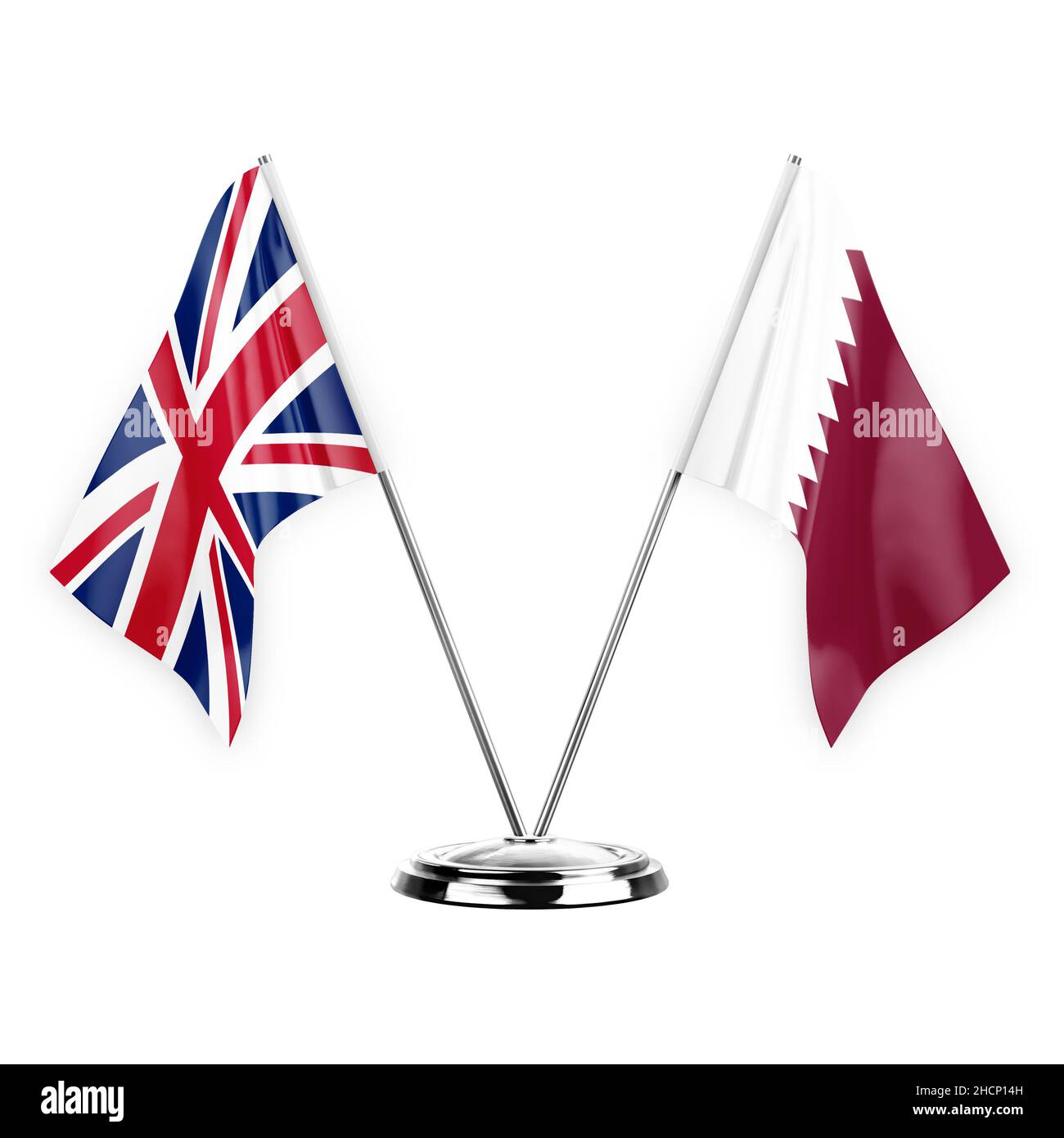 Deux drapeaux de table isolés sur fond blanc 3D illustration, royaume-uni et qatar Banque D'Images