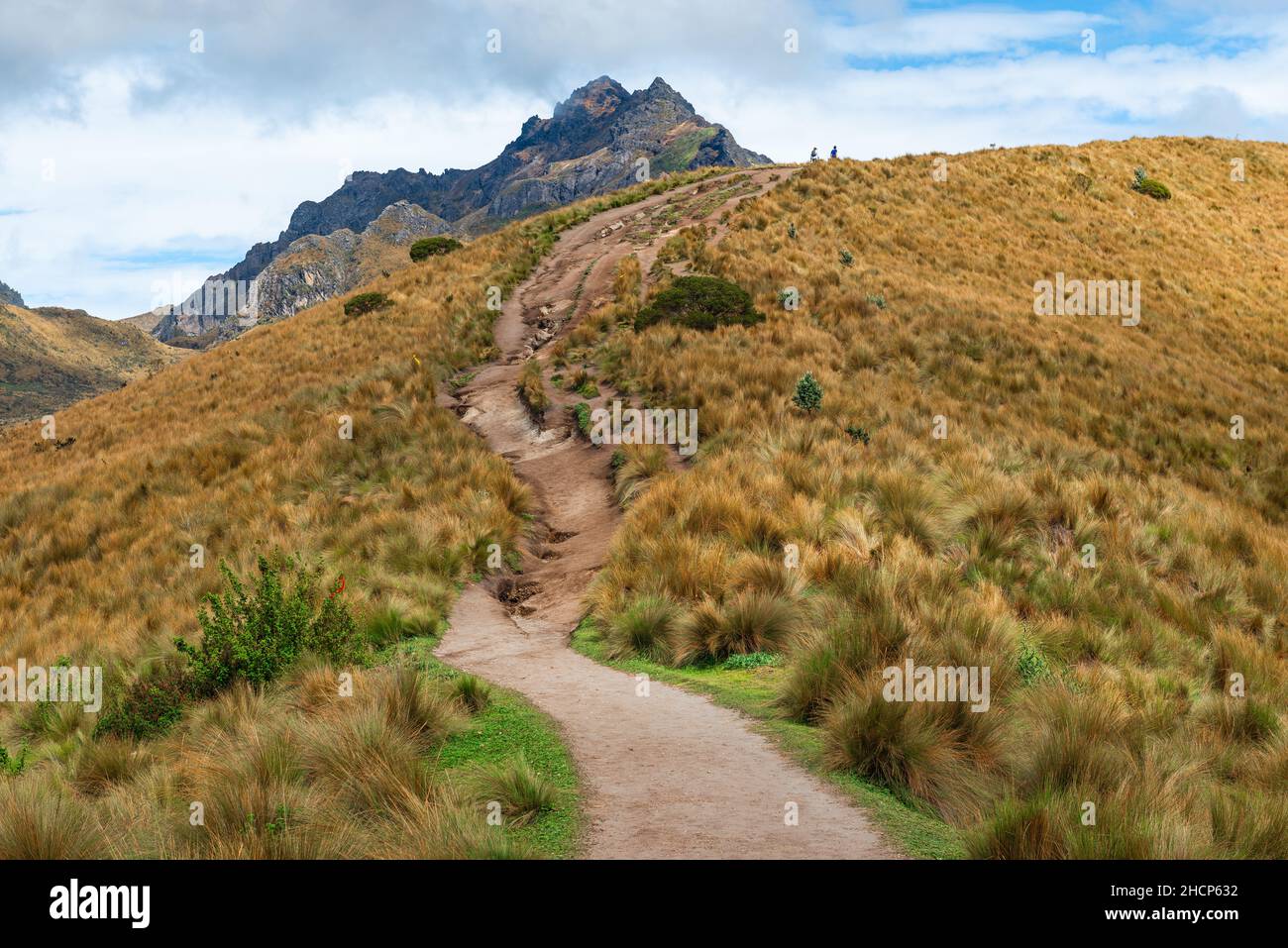 Sentier de randonnée jusqu'au pic volcanique de Rucu Pichincha avec la silhouette des gens qui font la randonnée sur le volcan de Pichincha, Quito, Equateur. Banque D'Images