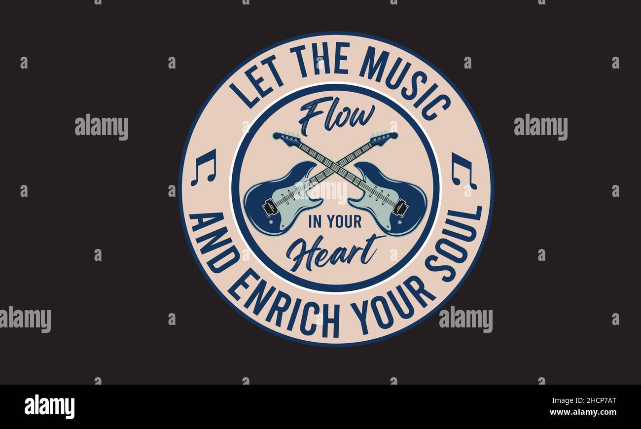 laissez la musique couler dans votre coeur guitare musique t-shirt monogramme texte modèle vectoriel Illustration de Vecteur