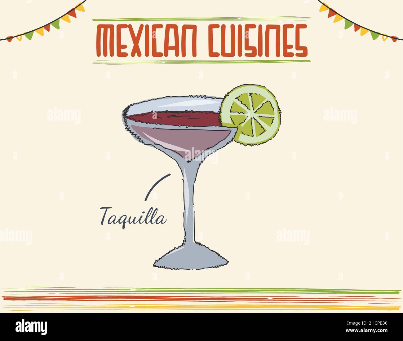 Un verre de Tequila mexicain, un cocktail, un verre de boisson mexicaine célèbre. Dessin vectoriel plat mexicain isolé doodle vectoriel de couleur. Cuisine mexicaine Illustration de Vecteur