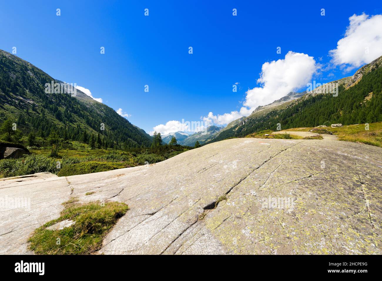 Sentier de montagne et pics dans le parc national d'Adamello Brenta. Trentin-Haut-Adige, Italie, Europe. Banque D'Images