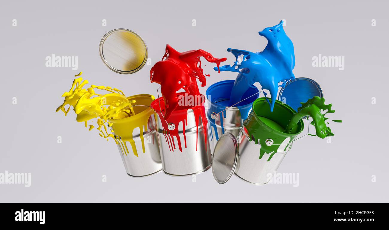 Quatre boîtes de peinture éclaboussant différentes couleurs vives, image du concept de rénovation Banque D'Images