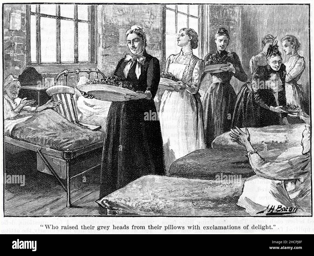 Gravure d'une équipe d'infirmières fréquentant des patients dans un hôpital, publié en 1892 Banque D'Images