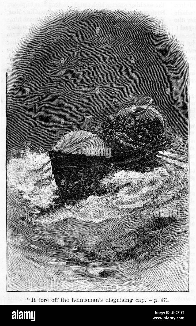 Gravure d'un fort vent soufflant le chapeau d'un timonier à la direction d'un canot de sauvetage dans une tempête, publié en 1892 Banque D'Images