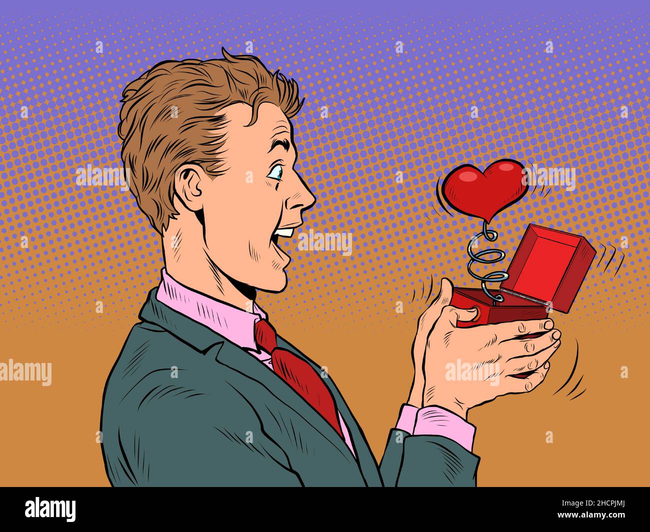 Un homme d'affaires regarde un coeur rouge boîte valentine surprise salutation, amour romance Illustration de Vecteur