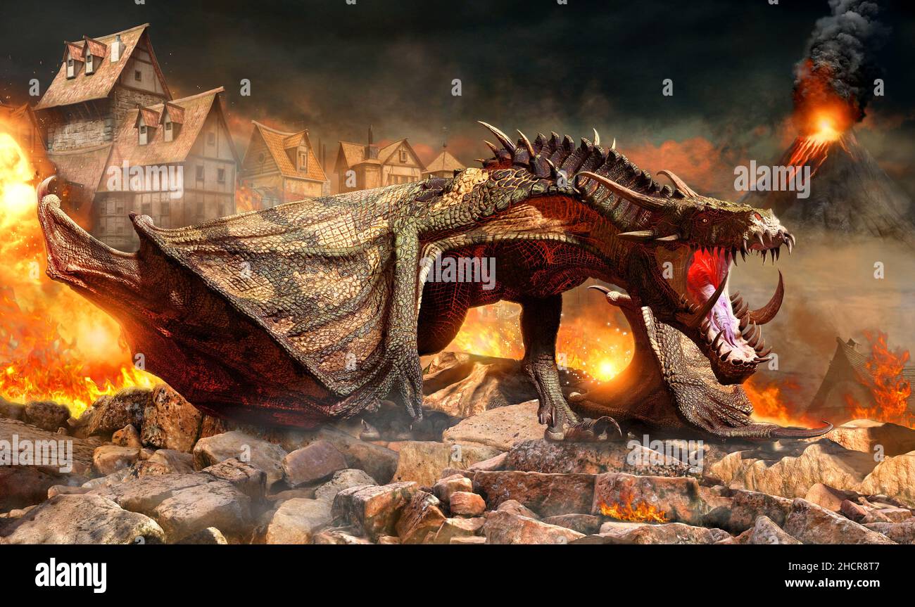 Tir dragon attaquant un village 3D illustration Banque D'Images