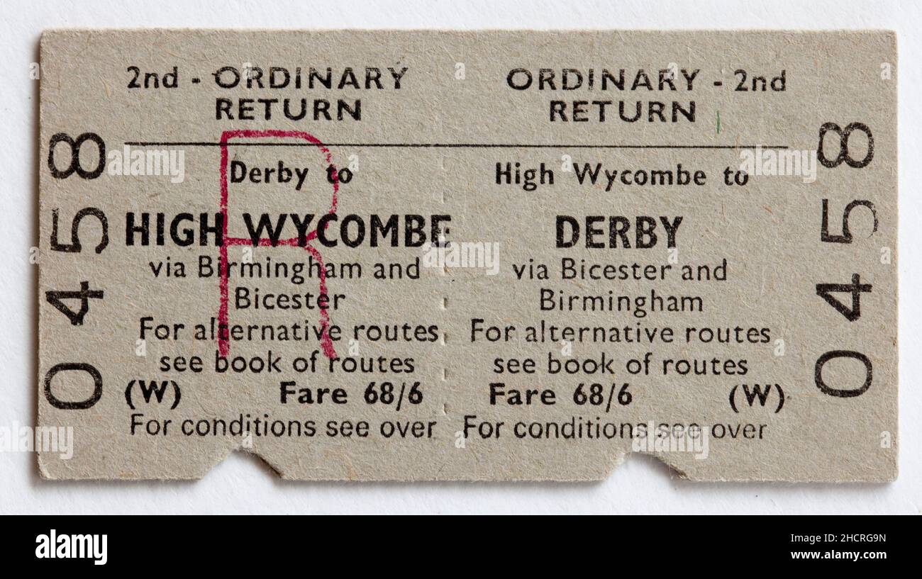 Ancien billet de train 1960s British Railway - High Wycombe à Derby Banque D'Images