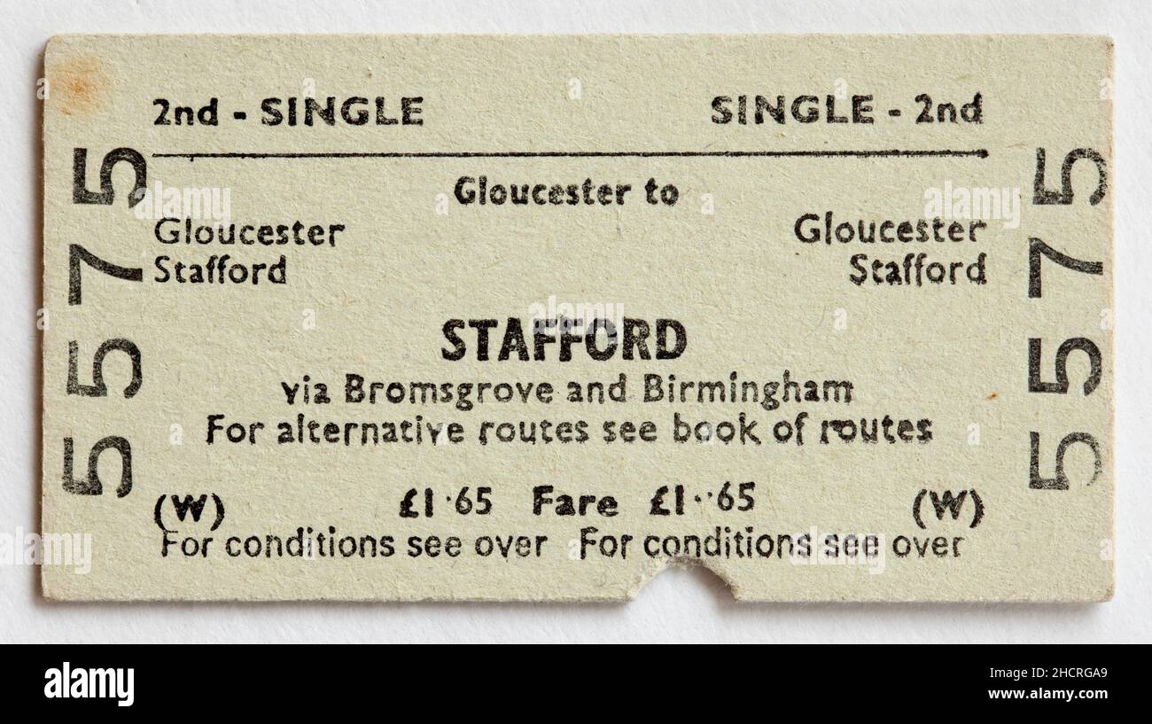 Ancien billet de train 1970s British Railway - de Gloucester à Stafford Banque D'Images