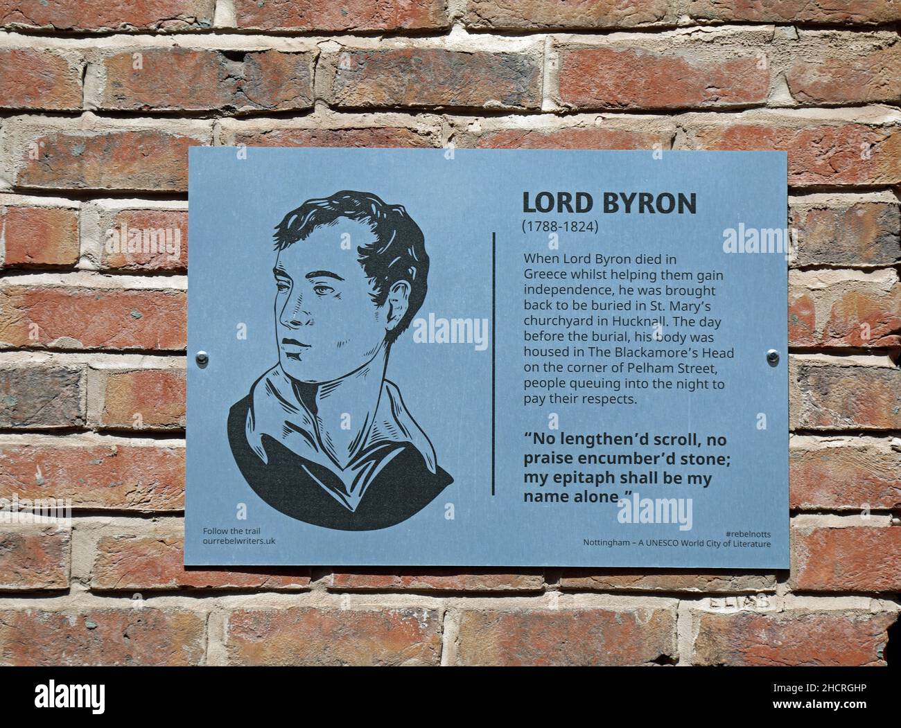 Plaque d'informations touristiques Lord Byron à Nottingham Banque D'Images