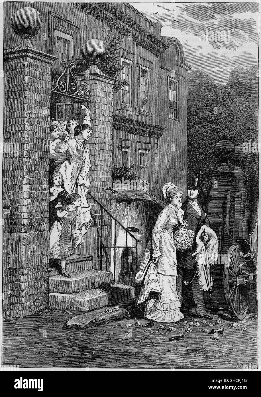 Gravure d'un couple quittant une église de campagne après leur mariage dans le pub de l'Angleterre de l'époque victorienne.1878 Banque D'Images