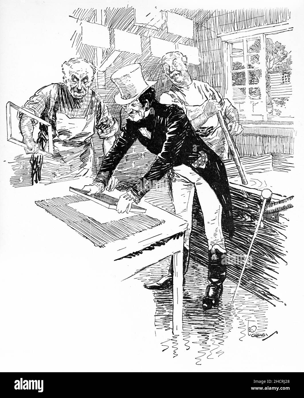 Gravure d'un homme bien habillé qui fabrique du papier fait à la main dans une usine, à partir d'une publicité de 1925 pour Johnnie Walker Whiskey Banque D'Images