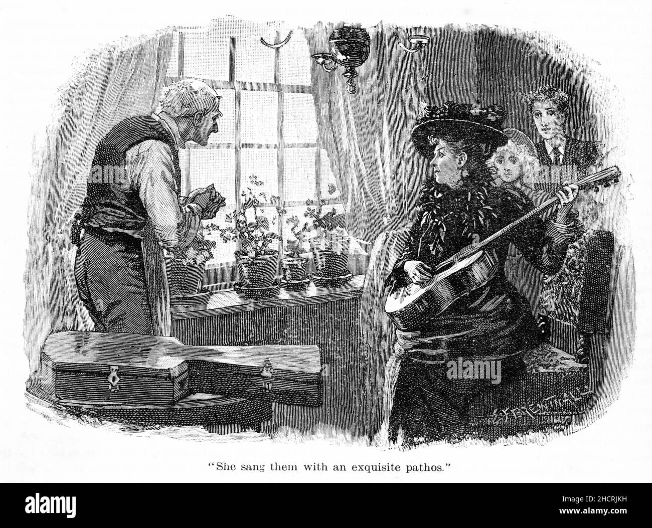 Gravure d'une femme qui accueille des invités avec de la musique et des chansons, publiée en 1892 Banque D'Images