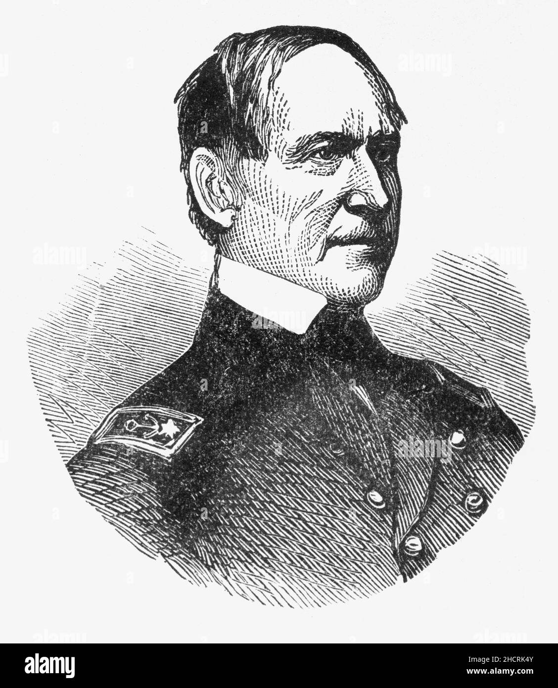 Un 19th portrait de David Glasgow Farragut (1801-1870), datant de la fin du siècle, était un officier du drapeau de la marine américaine pendant la guerre civile américaine.Il a été le premier amiral arrière, vice-amiral, et amiral dans la marine des États-Unis et est rappelé pour son ordre à la bataille de Mobile Bay généralement paraphrasé comme 'Damn le torpille, pleine vitesse devant' dans la tradition de la marine des États-Unis.Son dernier service actif était au commandement de l'escadron européen, de 1867 à 1868, avec la frégate à vis USS Franklin comme navire amiral.Farragut est resté actif pour la vie, un honneur accordé à seulement sept autres U.S. Navy Banque D'Images