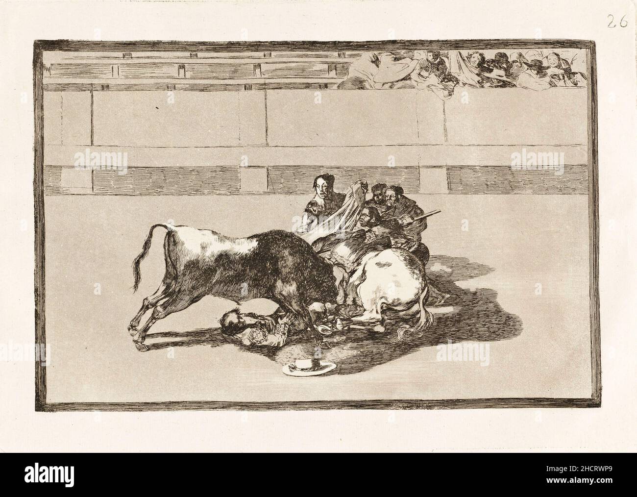 Francisco de Goya, Caida de un picador de su caballo debajo del toro (Un Picador est Unhorsed et des chutes sous le Bull). Il s'agit du numéro d'impression 26 dans une série imprimée 33 sur la corrida. Banque D'Images