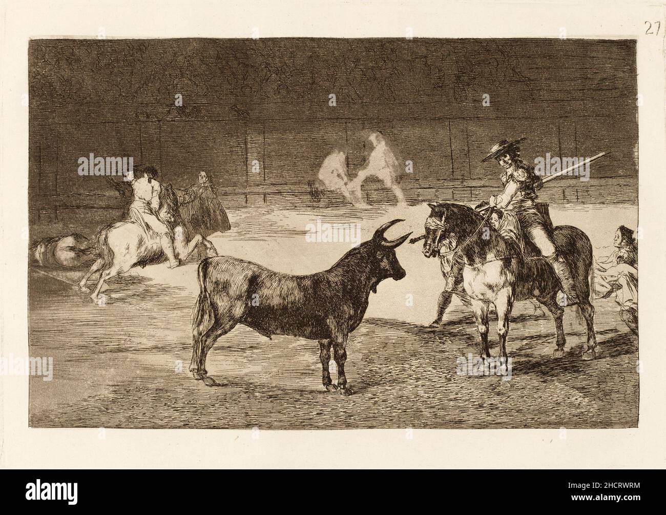 Francisco de Goya, El celee Fernando del Toro, barilarguero, obligando a la fiera con su garrocha (le célèbre Picador, Fernando del Toro, tire la bête féroce avec son pique). Il s'agit de l'impression numéro 27 dans une série de 33 sur la corrida. Banque D'Images