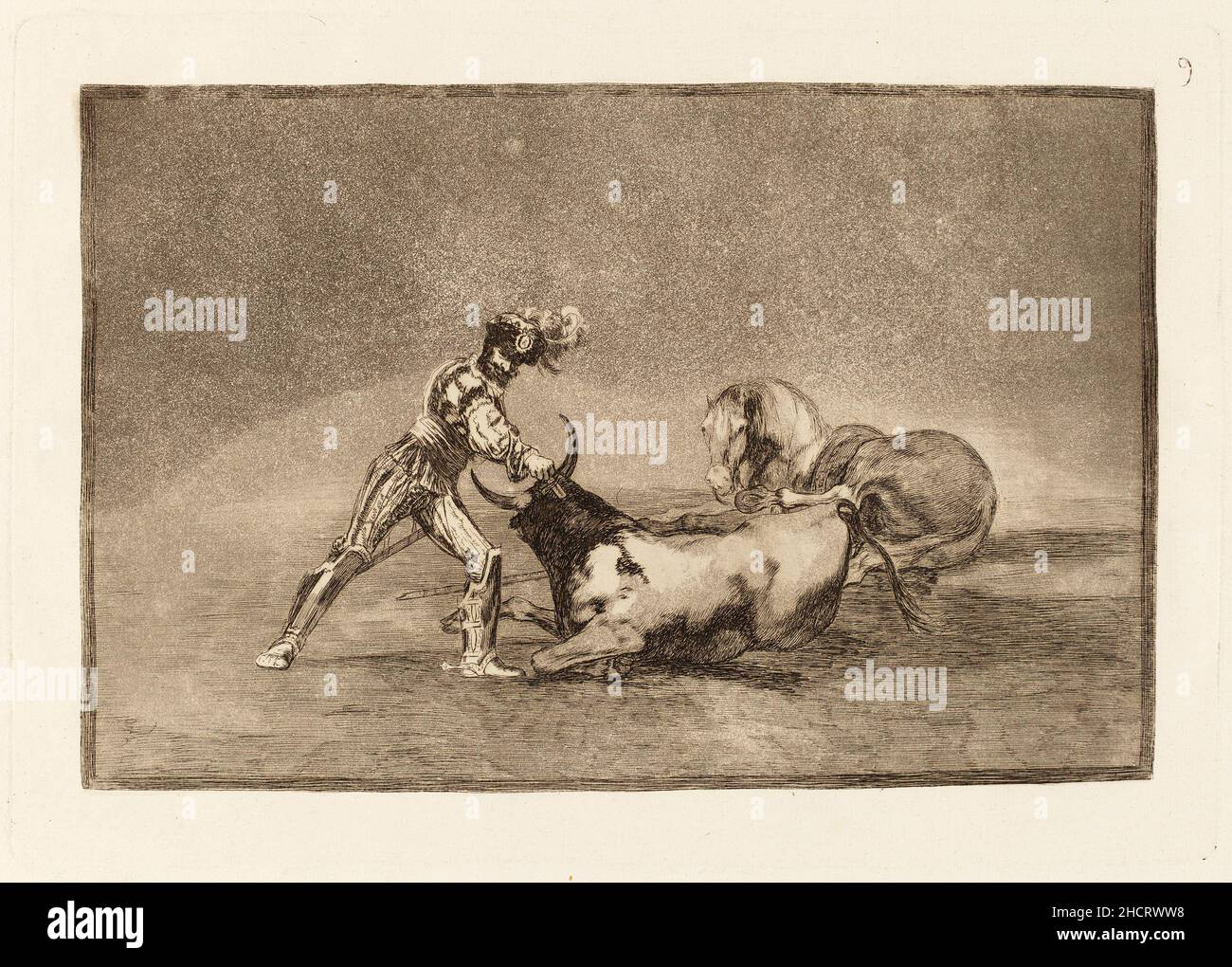 Francisco de Goya, un caballero espanol mata un toro despues de haber perdido el caballo (Un Chevalier espagnol tue le Bull après avoir perdu son Cheval).Il s'agit de l'impression numéro 9 dans une série d'impression 33 sur la corrida. Banque D'Images