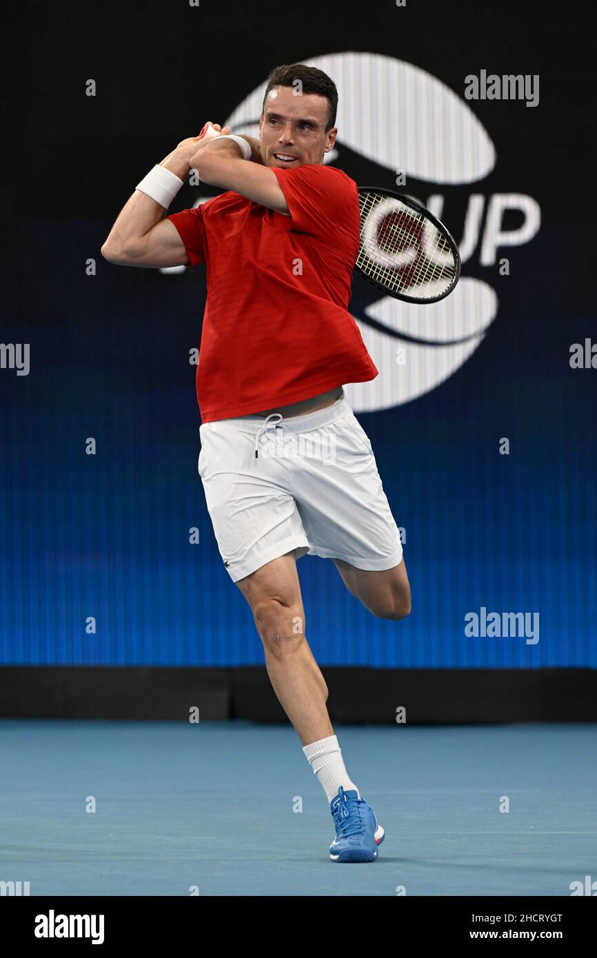 Sydney, Australie.01st janvier 2022.Sydney, Australie.01st janvier 2022.1st janvier 2022 ; Ken Rosewall Arena, Sydney, Nouvelle-Galles du Sud, Australie ;ATP Cup Australie, Sydney, jour 1 Chili contre Espagne; Roberto Bautista Agut d'Espagne regarde son service de retour à Cristian Garin du Chili crédit: Action plus Sports Images/Alay Live News crédit: Action plus Sports Images/Alay Live News Banque D'Images