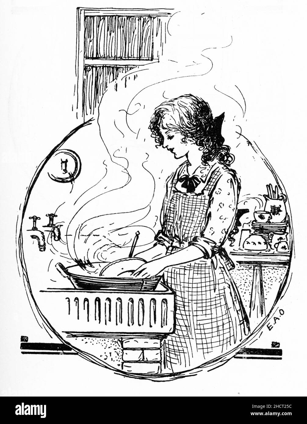 Gravure d'une jeune femme lavant des plats à l'évier de cuisine, publié en 1892 Banque D'Images