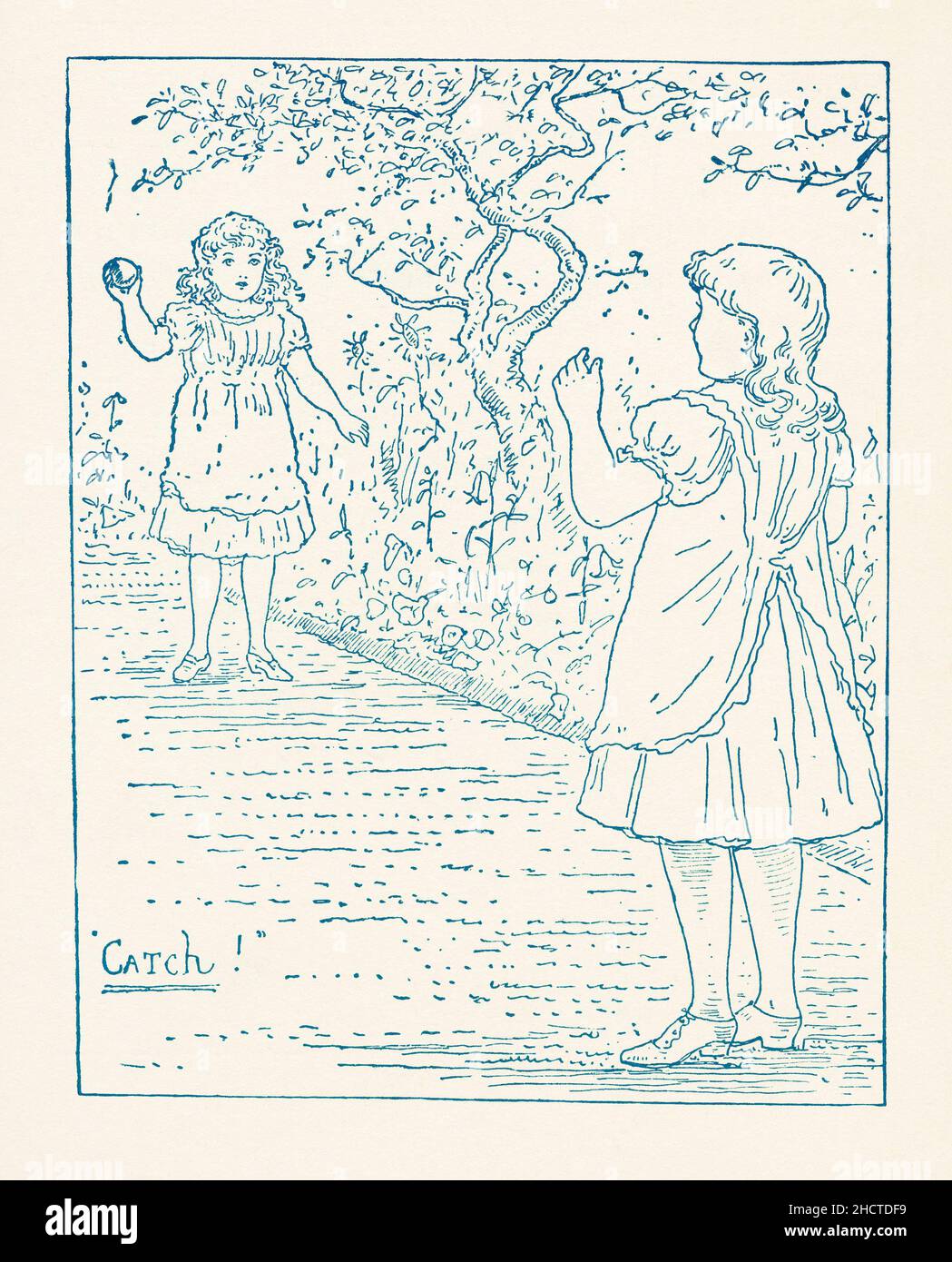 Un livre victorien illustration c.1800 montrant deux filles jouant à la « capture » avec une balle sur leur jardin – graphiques du xixe siècle. Banque D'Images