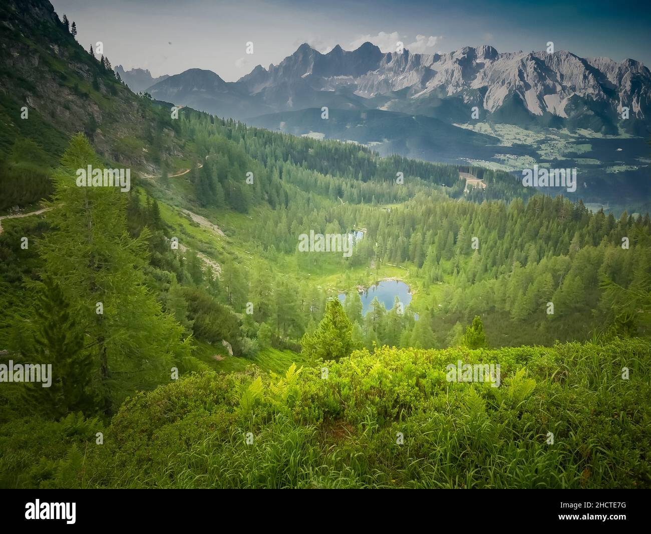 Paysage de montagne pittoresque avec vue sur la belle vallée et les sommets de montagne, herbe verte.paysage d'été.Vert, bleu.Schladminger tauern,Alpes,Autriche. Banque D'Images