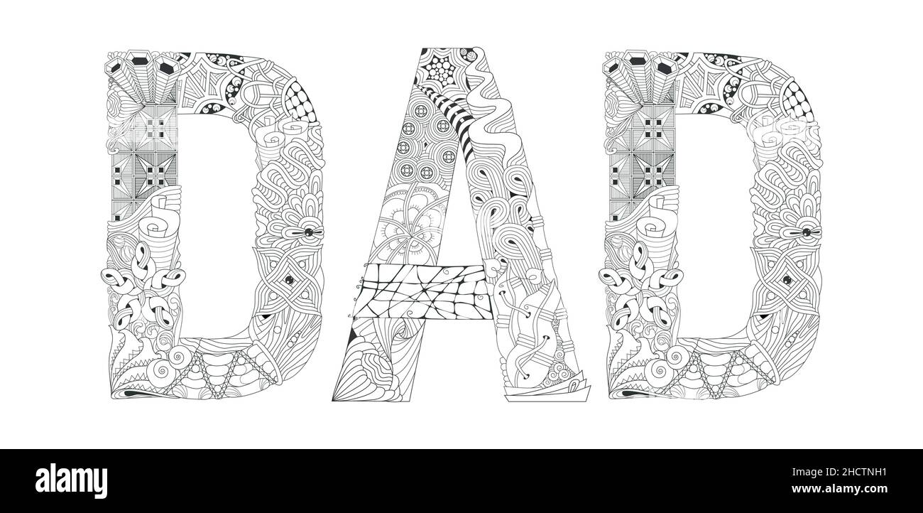 Décoration artistique peinte à la main.Page de coloriage anti-stress pour adulte.Mot d'illustration DAD noir et blanc dessiné à la main pour livre de coloriage Illustration de Vecteur