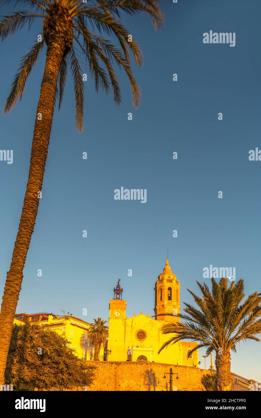 GRANDS PALMIERS SCULPTURE PARC FRONT DE MER SANT BARTOMEU I SANTA TECLA EGLISE SITGES COSTA DORADA CATALOGNE ESPAGNE Banque D'Images