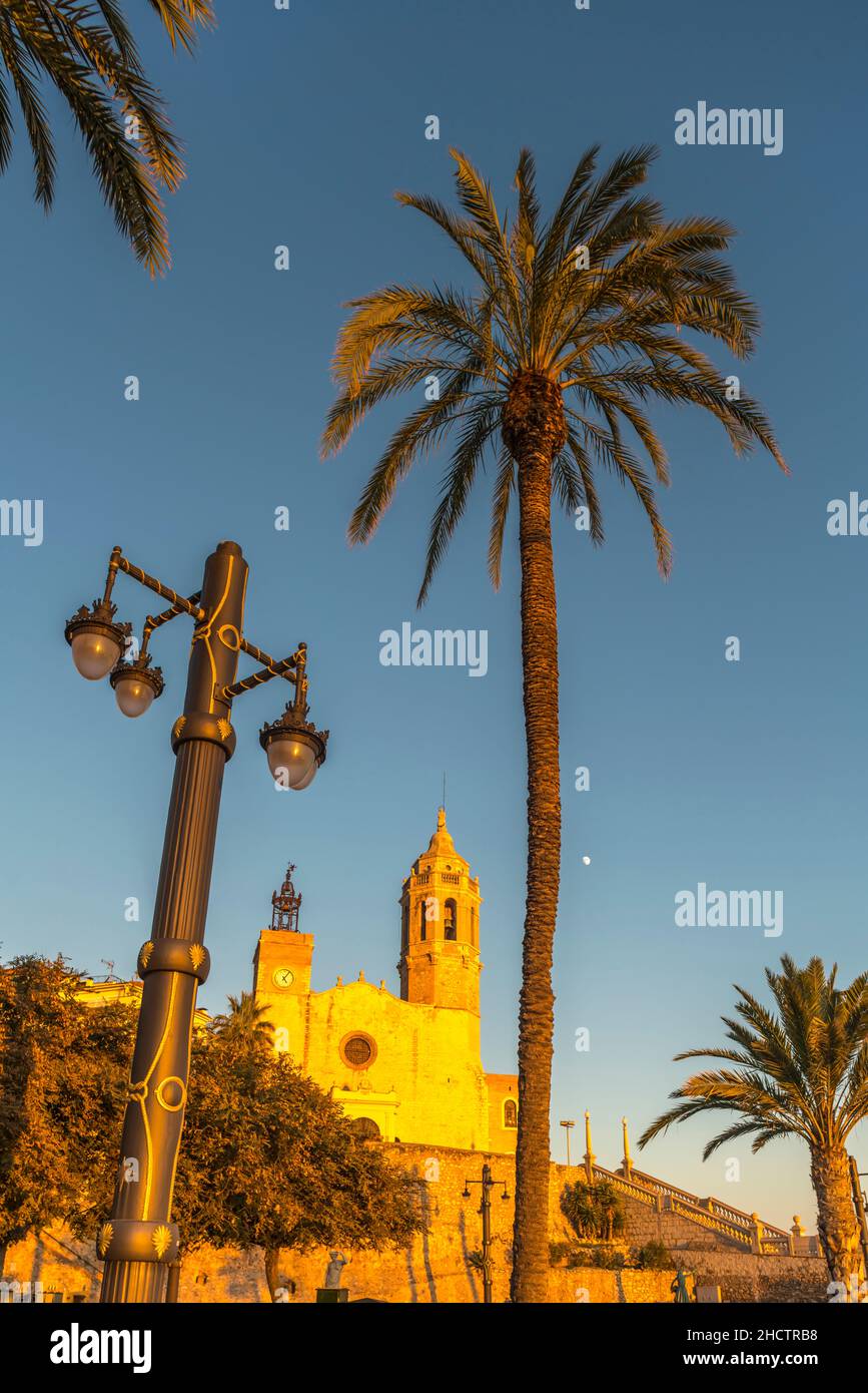 GRANDS PALMIERS SCULPTURE PARC FRONT DE MER SANT BARTOMEU I SANTA TECLA EGLISE SITGES COSTA DORADA CATALOGNE ESPAGNE Banque D'Images