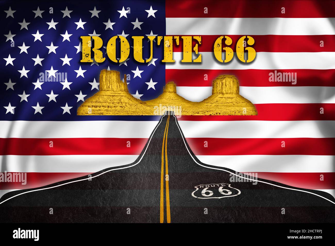 Route 66 illustration de la bannière historique de la route sur le drapeau américain , destination de voyage célèbre aux États-Unis de l'Amérique Banque D'Images