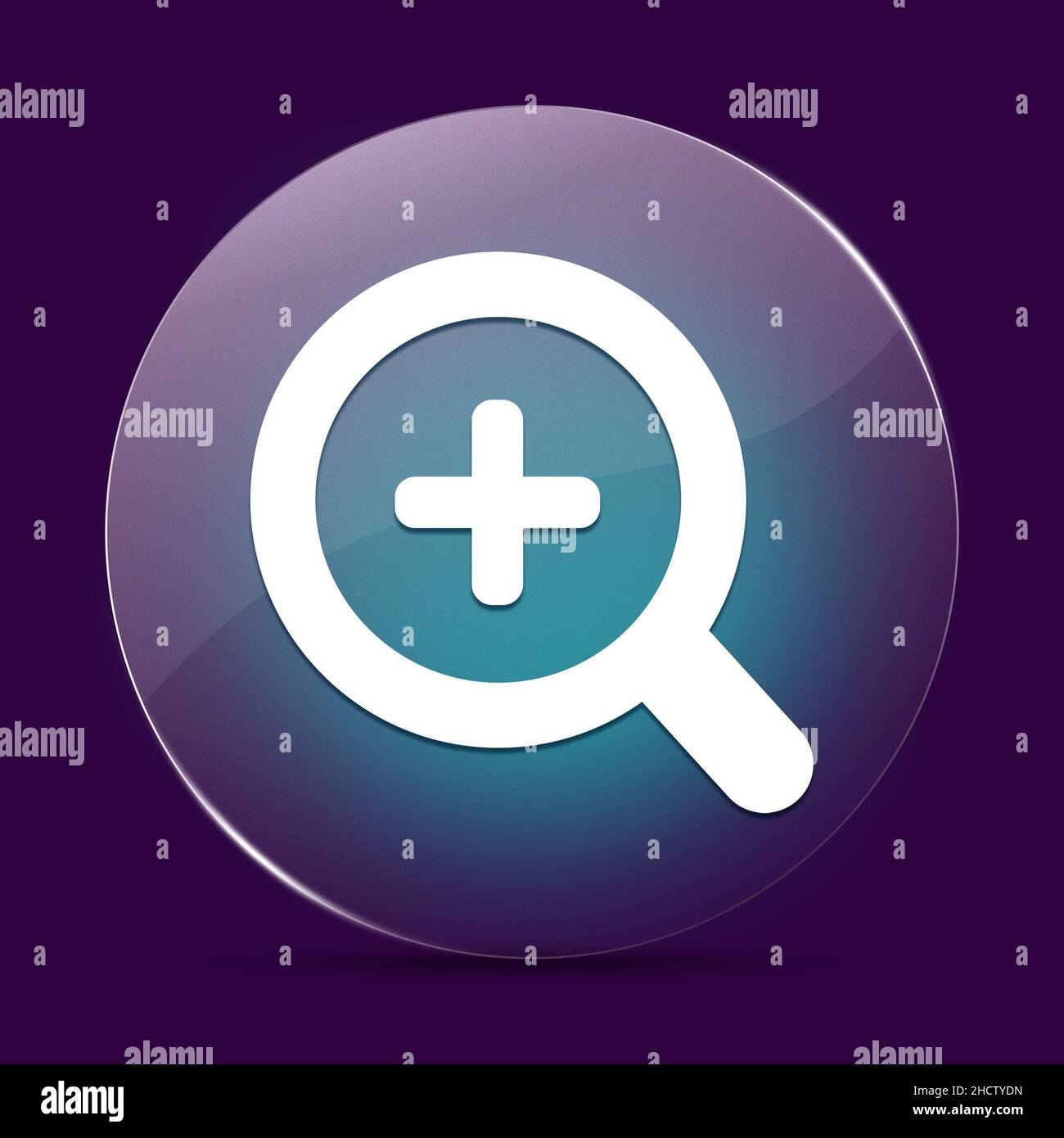 Zoom avant bouton rond en verre clair de lune sur un arrière-plan abstrait violet foncé Banque D'Images