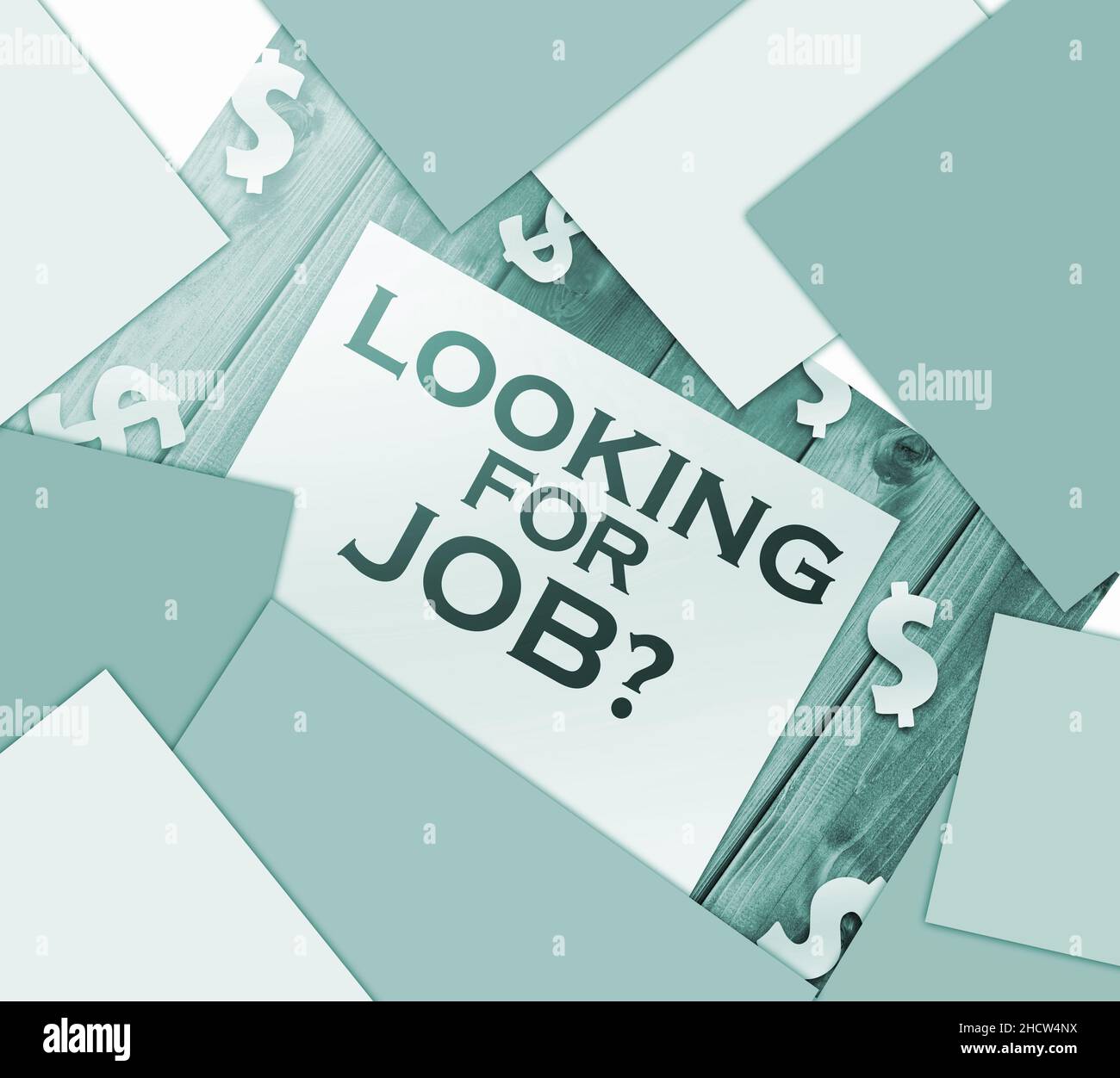 Recherche d'un emploi .mots demandant à quelqu'un de travailler ensemble pour un certain travail ou projet. Page sur toile de fond en bois et panneaux de dollar en papier autour. Conce de carrière Banque D'Images
