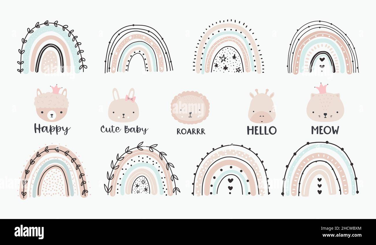 Ensemble joli noeud en arc-en-ciel coloré et visages d'animaux.Élément à motif t-shirt.Illustration vectorielle de couleur vive de style dessin animé plat isolée sur blanc Illustration de Vecteur