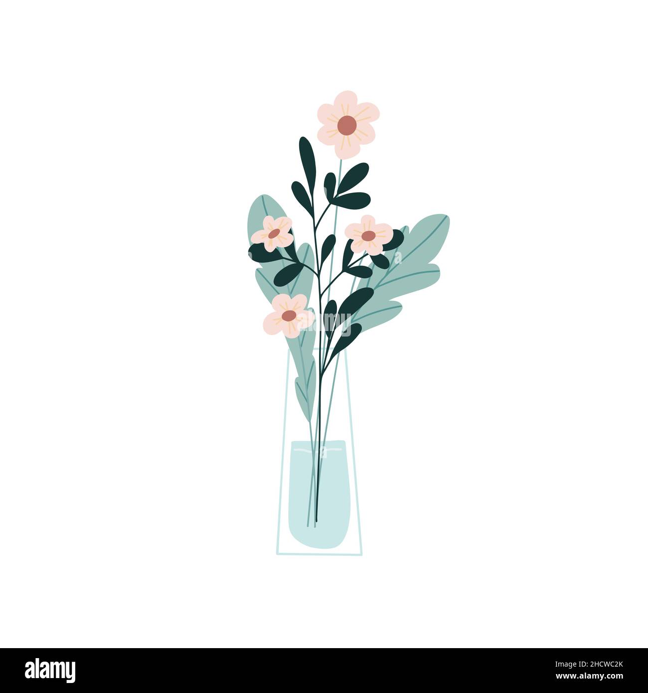Arrangement floristique de belles fleurs dans un vase en verre.Un élégant bouquet de fleurs délicates.Illustration vectorielle plate de dessin animé isolée sur blanc Illustration de Vecteur