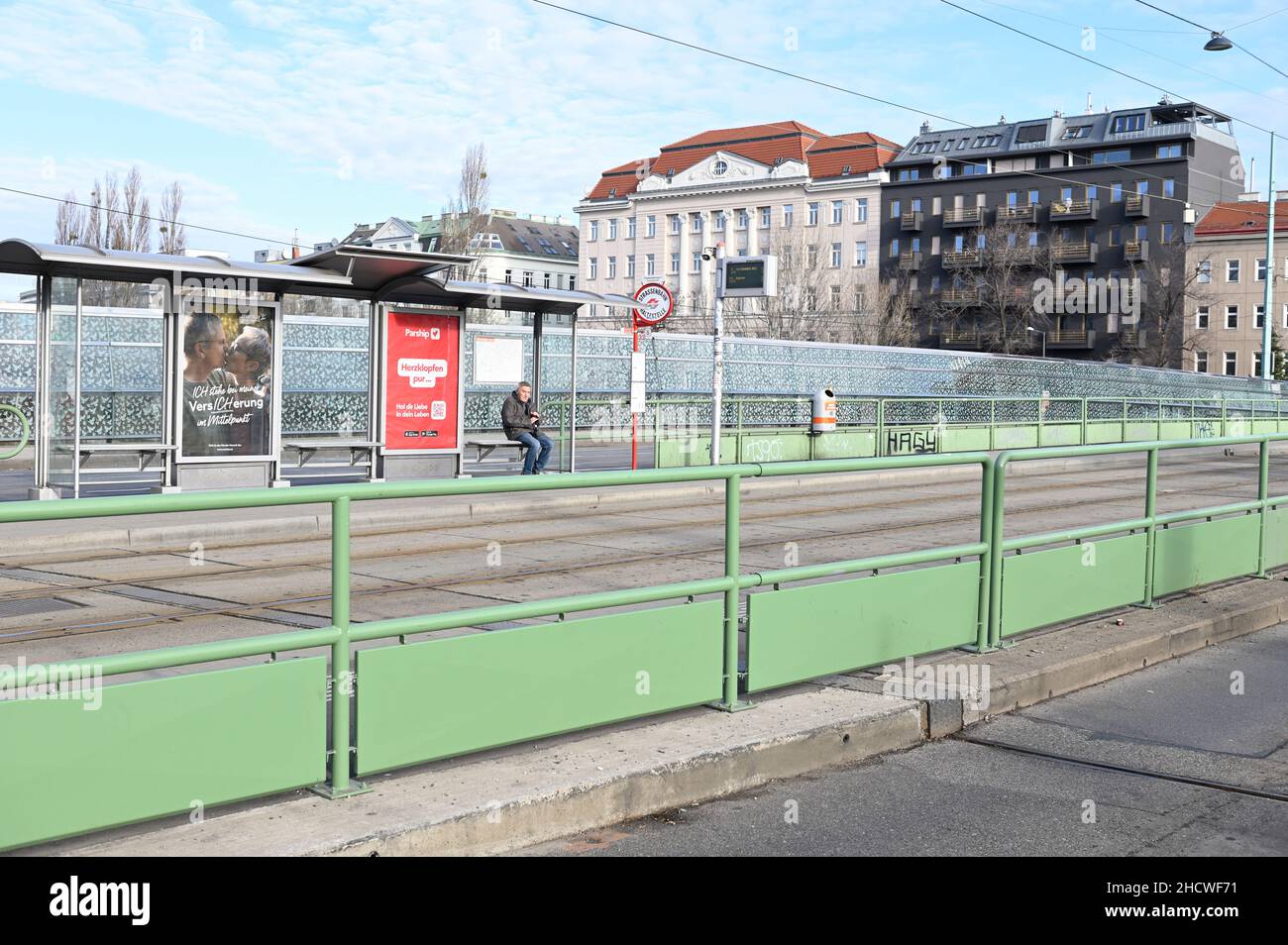 Vienne, Autriche.Arrêt de tramway Friedensbrücke à Vienne Banque D'Images