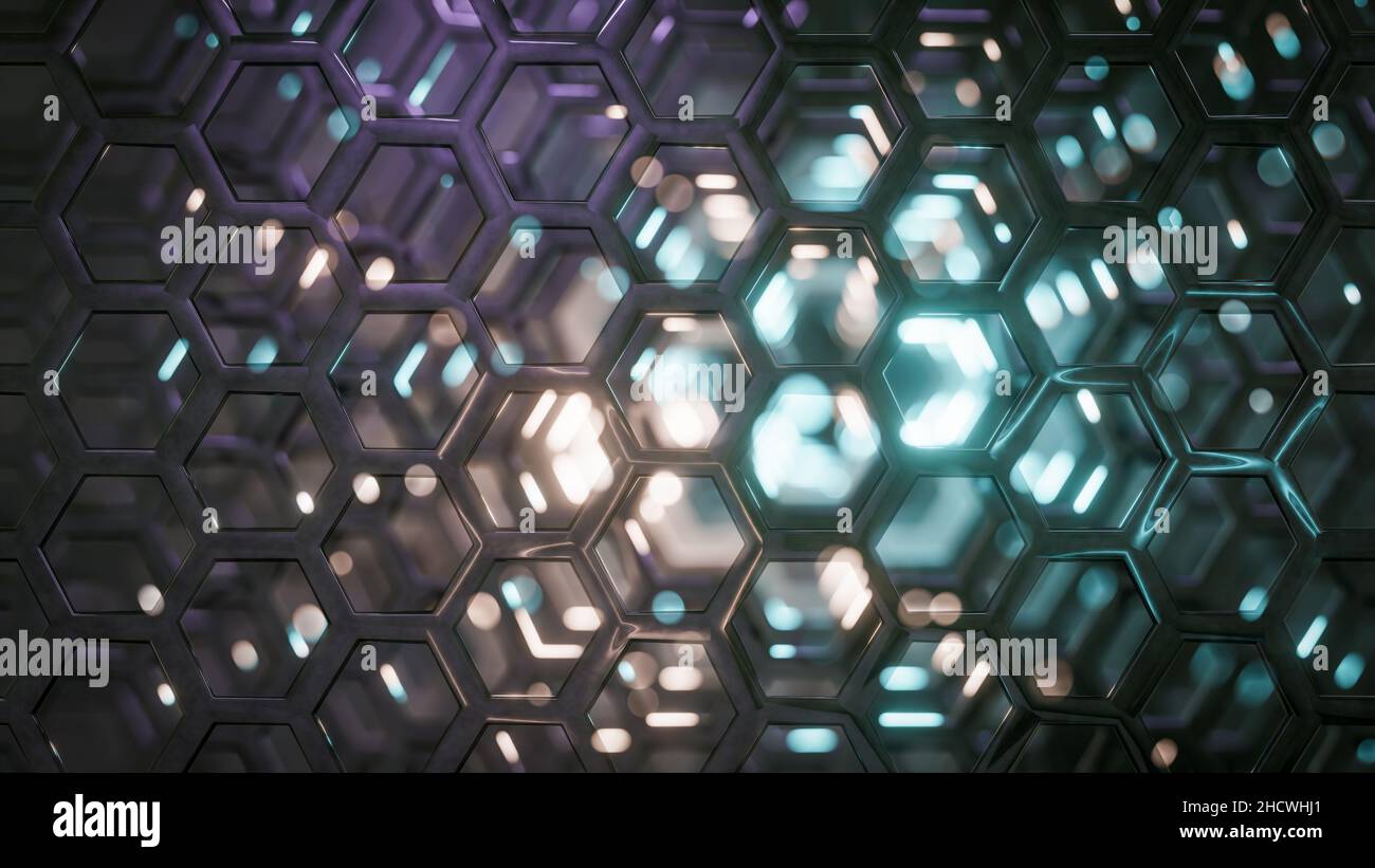 Une illustration en 3D de l'arrière-plan hexagonal de réflexions de lumière de science-fiction. Banque D'Images
