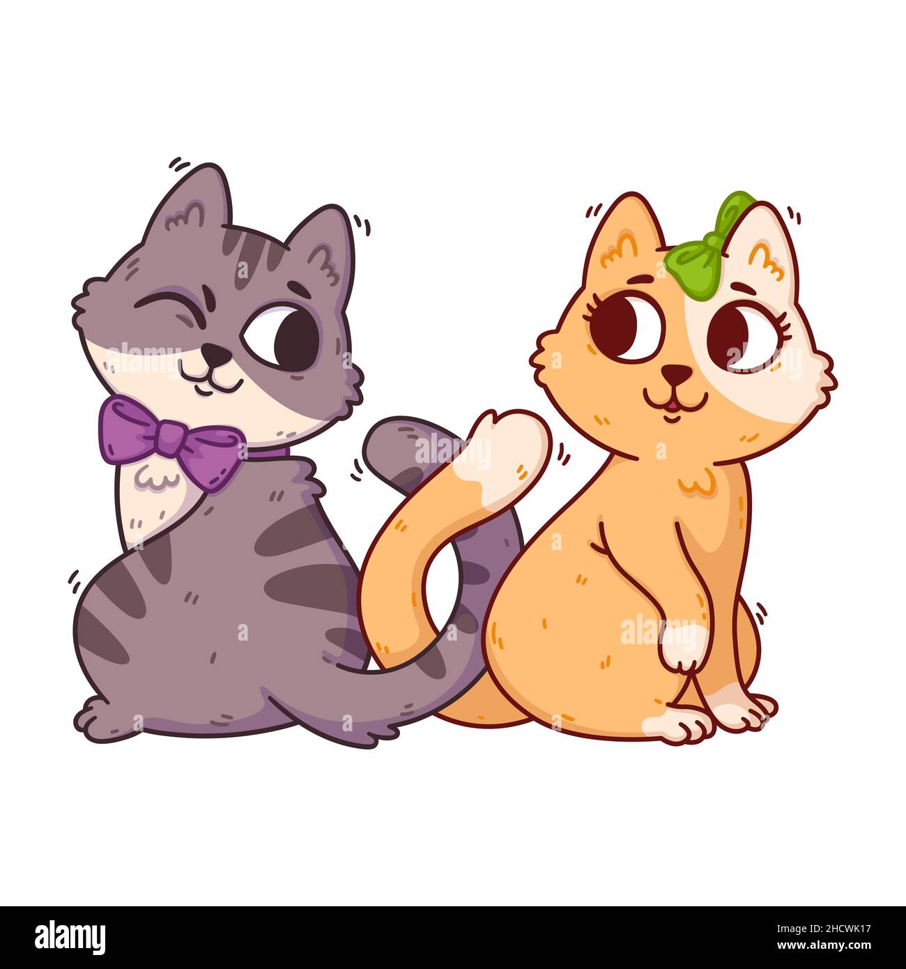 Les chats tombent amoureux et nouent leurs queues.Carte postale du 14 février avec animaux domestiques.Carte de voeux romantique pour la Saint-Valentin avec chatons.Circulaires, invités Illustration de Vecteur