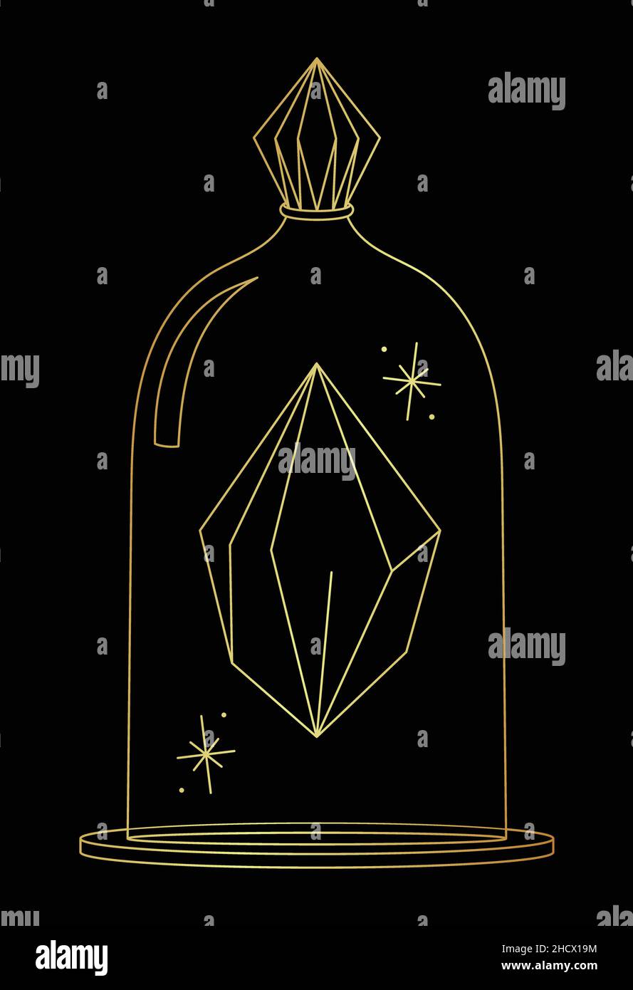 La linéarte d'or vectoriel esquisse le cristal de quartz dans un dôme en verre sur noir Illustration de Vecteur