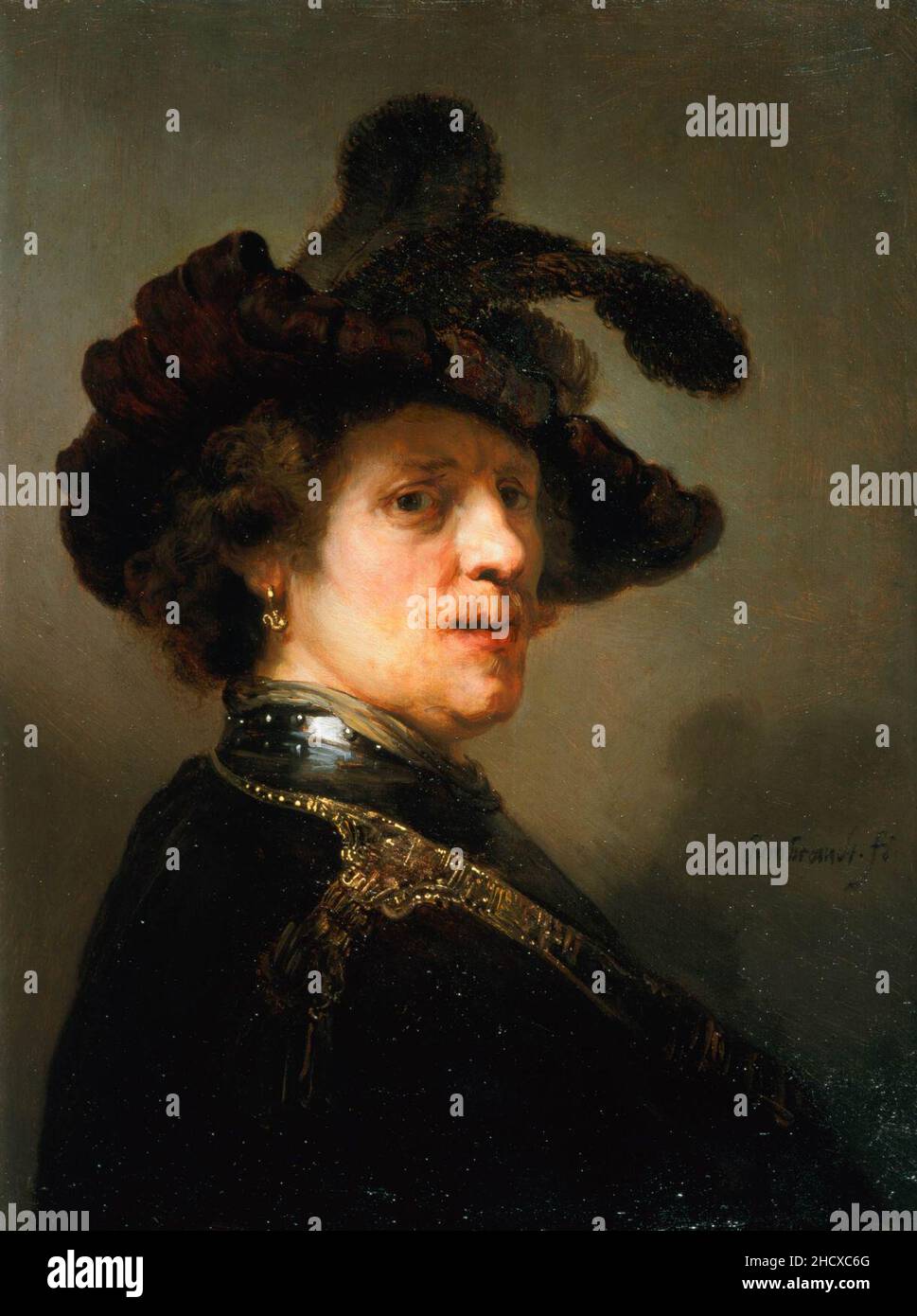 Rembrandt buste d'un homme avec le chapeau plumé. Banque D'Images