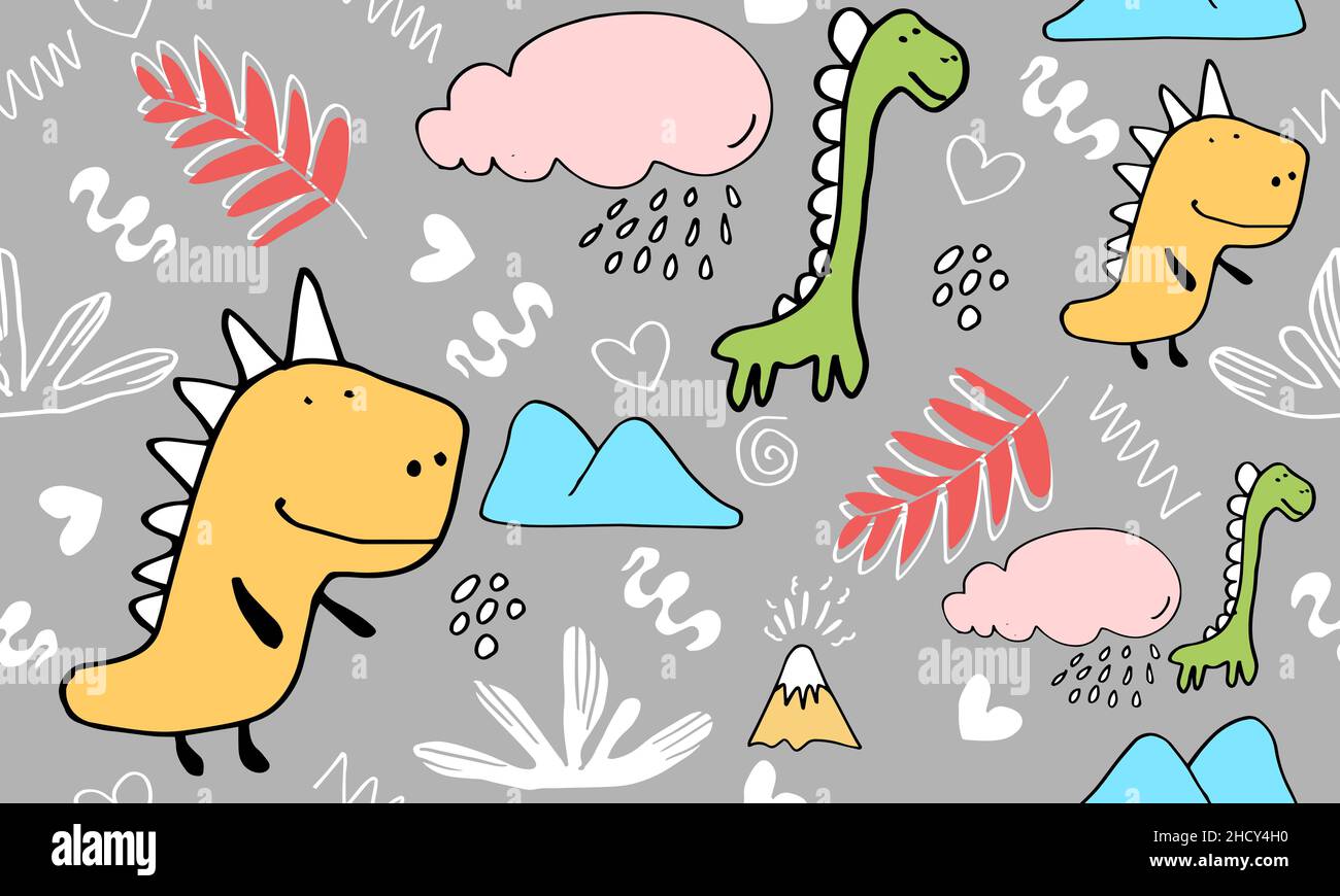 Motif puéril sans coutures avec dino dessiné à la main, feuilles tropicales, nuages et formes dessinés à la main dans le style scandinave.Backgrou enfantin vectoriel créatif Banque D'Images