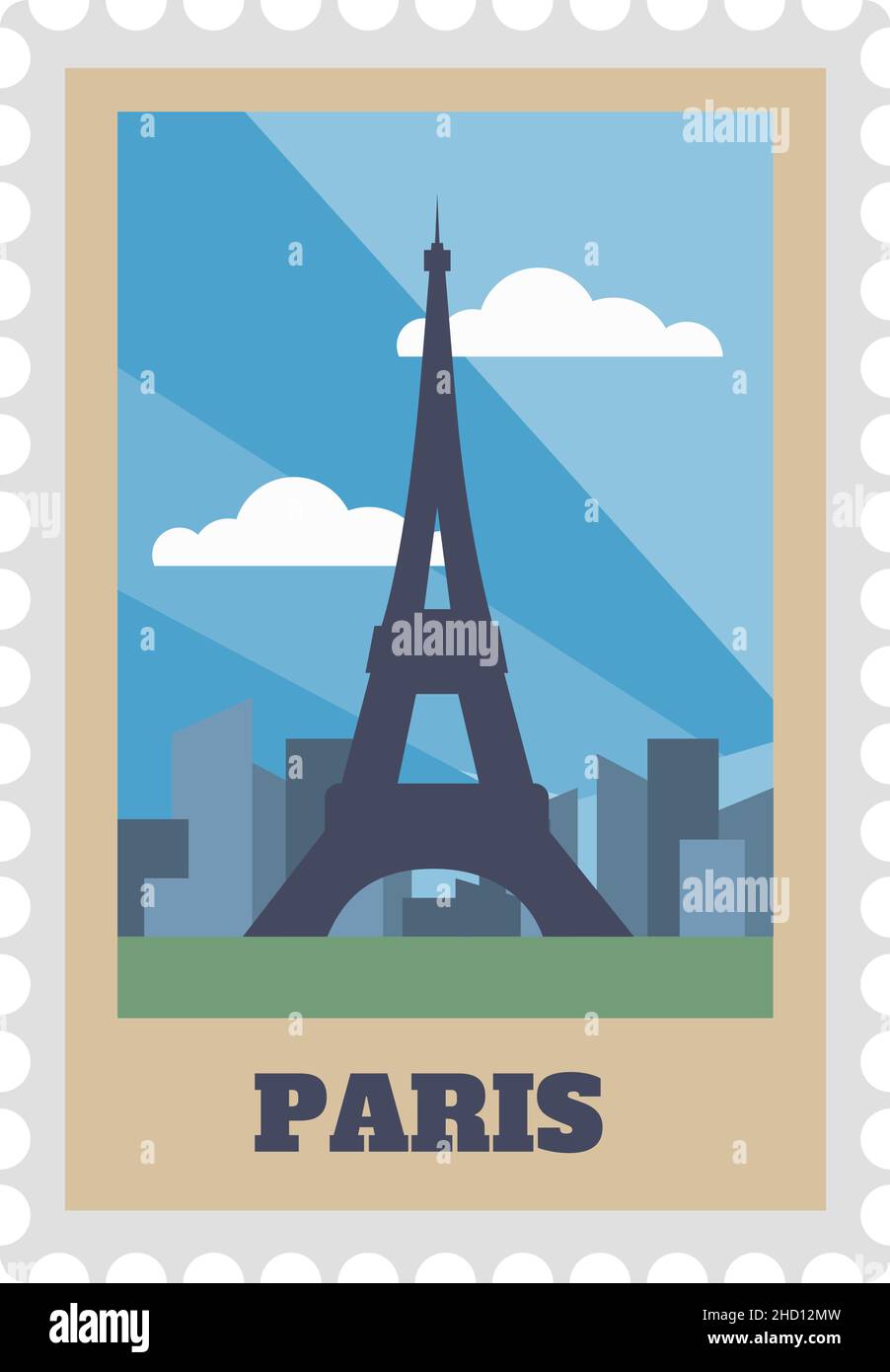 Timbre postal et cachet de la poste de Paris avec vue isolée Illustration de Vecteur