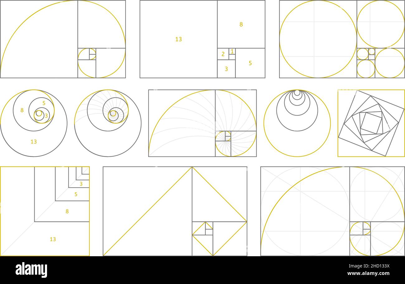 Golden section, nombres de fibonacci, rapport de proportions idéal.Géométrie harmonie or fibonacci ratio spirale, ensemble d'illustrations vectorielles.Proportion de spirale Illustration de Vecteur