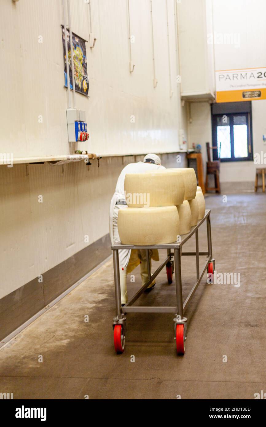 Emballages de produits laitiers sur une ferme d'équipement logistique, Parme 2064 fabrication de roues à Fidenza, Italie Banque D'Images