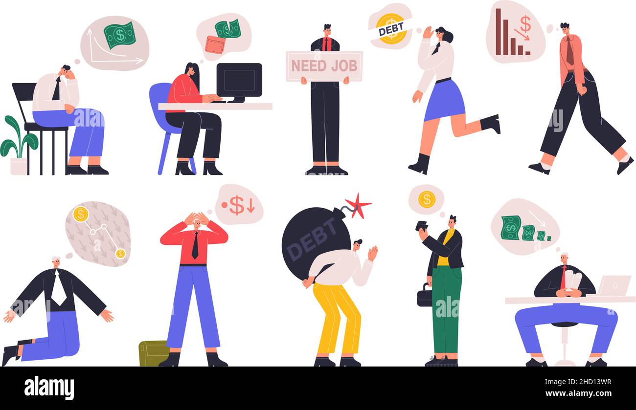 Problèmes financiers des entreprises, faillite, baisse de notation, crise de leadership.Jeu d'illustrations vectorielles de personnages tristes avec problèmes d'entreprise.Financier Illustration de Vecteur
