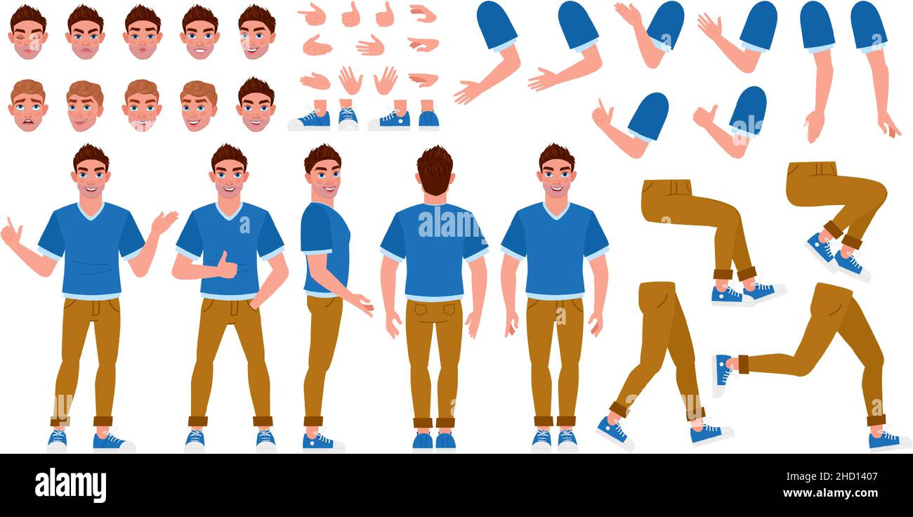 Cartoon homme personnage constructeur, poses homme, expressions faciales et coupes de cheveux.Jeu d'illustrations vectorielles des éléments de création de corps de caractère manuel Illustration de Vecteur