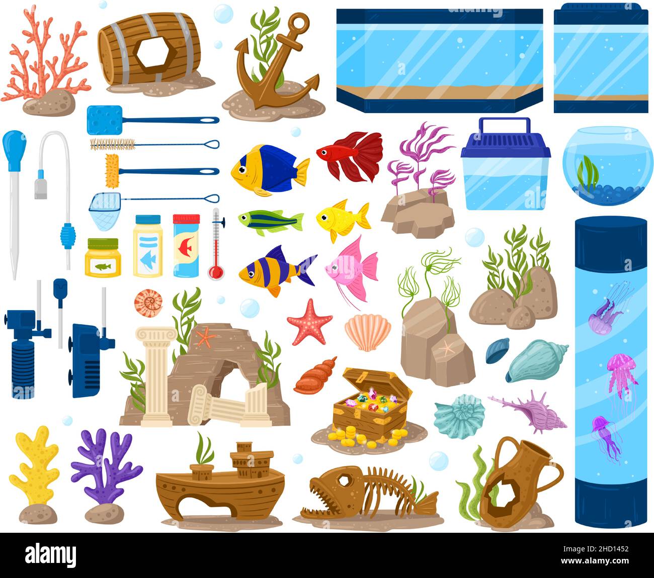 Aquarium sous-marin algues et poissons, dessin animé matériel aquaria.Jeu d'illustrations vectorielles pour animaux de compagnie sous-marins, poissons rouges ou guppy.Aquarium de dessins animés Illustration de Vecteur