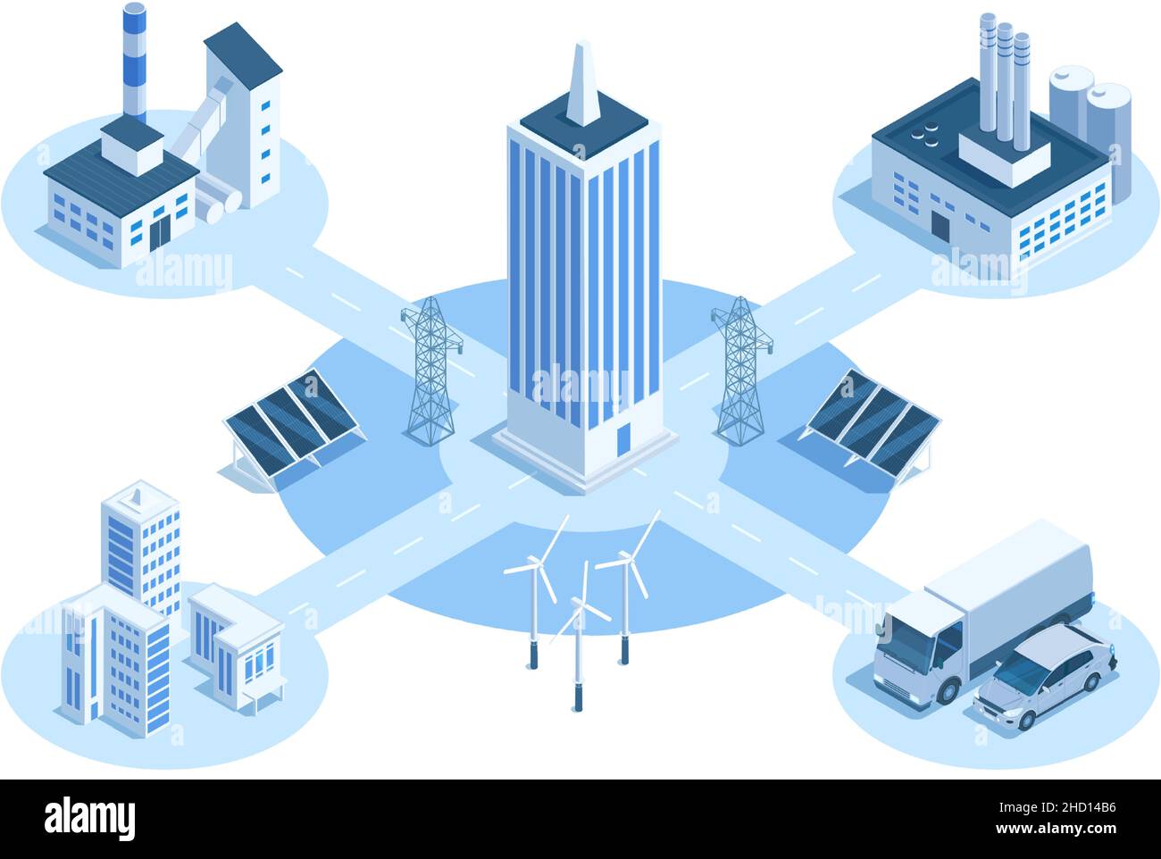Usine isométrique installations industrielles, complexe de bâtiments.Illustration vectorielle du système de communication et d'approvisionnement en électricité des installations industrielles Illustration de Vecteur