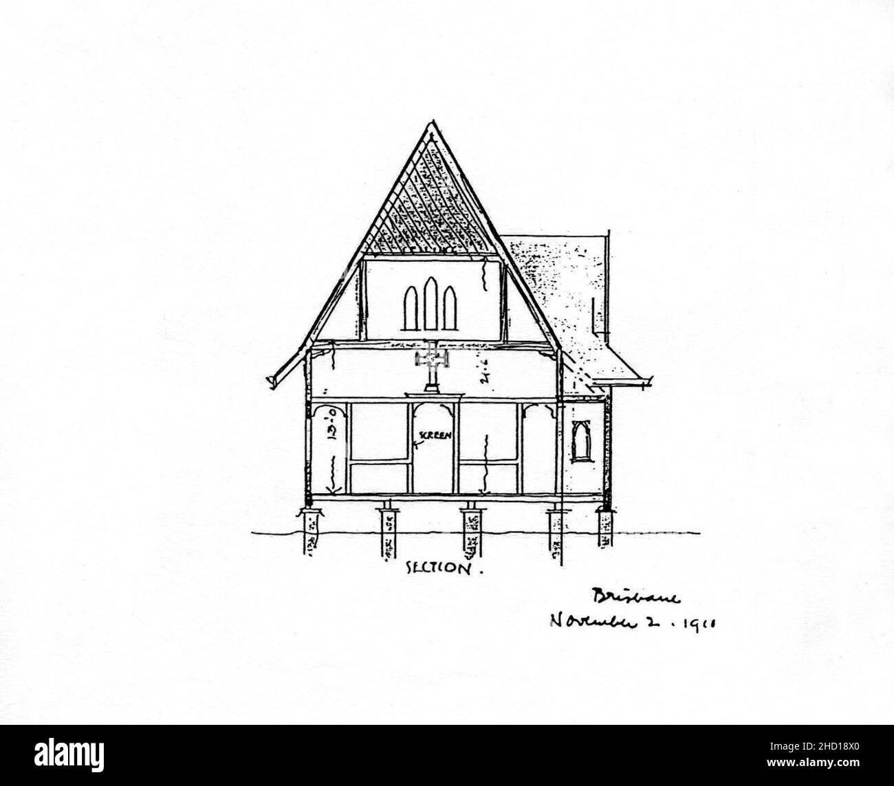 Dessin architectural de l'église anglicane St. Andrew's, Toogoolawah, de Robin Dods. Banque D'Images