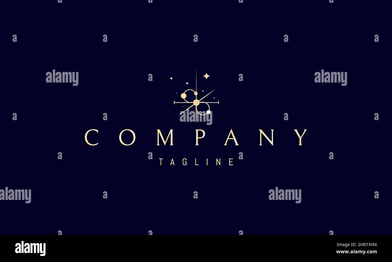 Logo doré vectoriel sur lequel une image abstraite du paysage spatial avec le signe de l'infini et des étoiles. Illustration de Vecteur